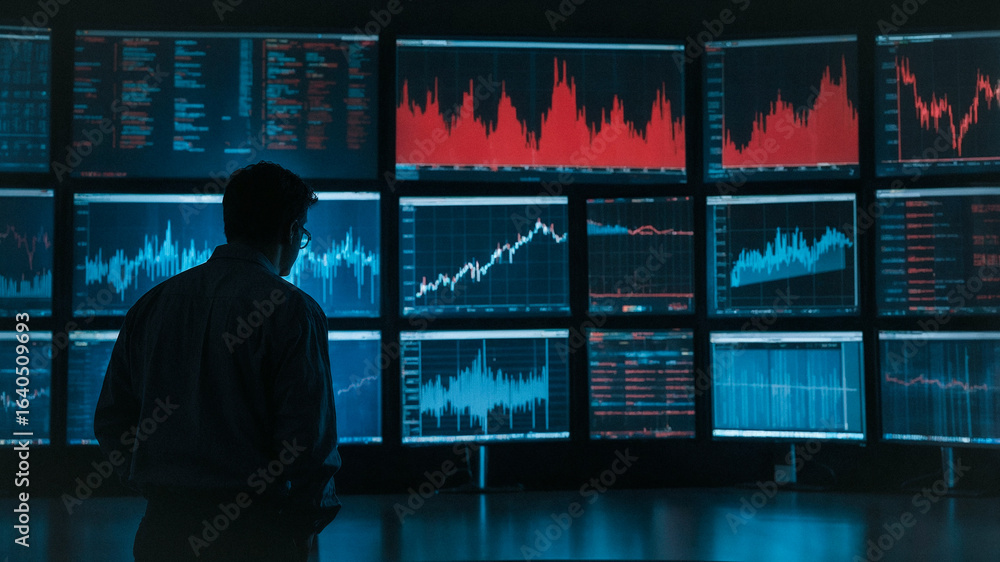 Aufkleber financial analytics: an individual examines financial charts and graphs displayed on multiple monito