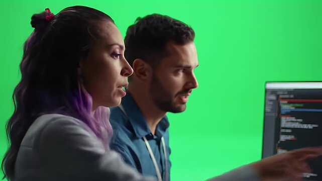 Analyzing Code on Computer Screen with Green Background - Woman and Man Working Together
