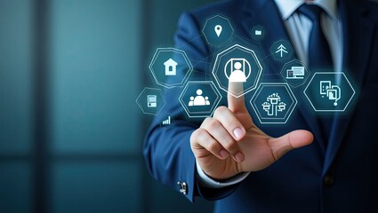Businessperson interacts with digital icons.