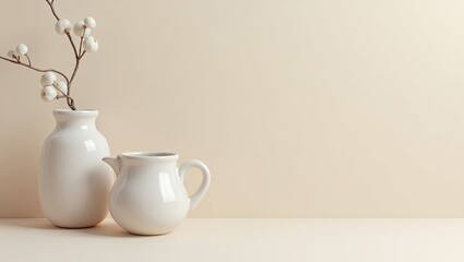 Fototapeta premium Two elegant white ceramic vases and a pitcher with a minimalist arrangement.