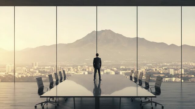 Businessman standing in a modern boardroom, looking out at a city skyline and mountain range through a large window, symbolizing ambition and success