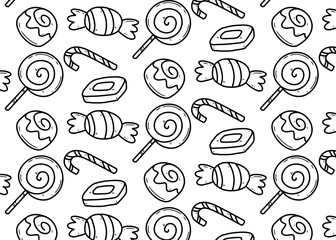 Seamless pattern with vintage doodle sketches of various sweet food icons, including candies and lollipops.