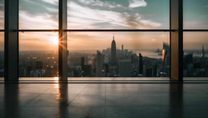 Cityscape Sunrise: A stunning view of the city skyline framed by expansive windows, with the sun casting its golden rays and creating a scene of urban magnificence. 