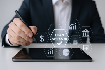 Loan Application Approval Concept with Businessman Holding Pen and Digital Tablet Displaying Holographic Interface