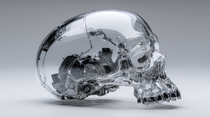Transparent robotic skull design showcasing intricate mechanical components and modern technology in a sleek presentation