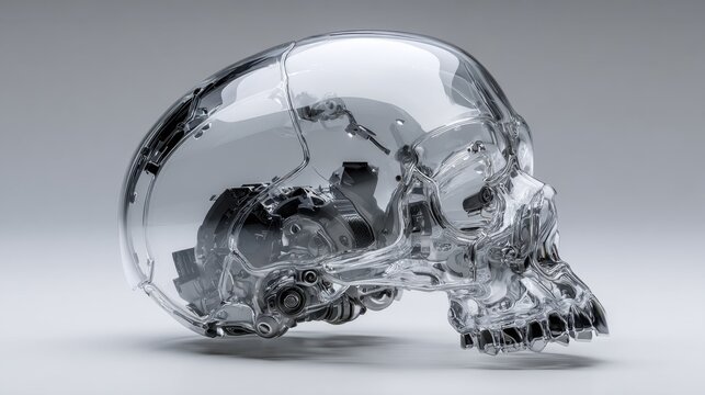 Transparent robotic skull design showcasing intricate mechanical components and modern technology in a sleek presentation