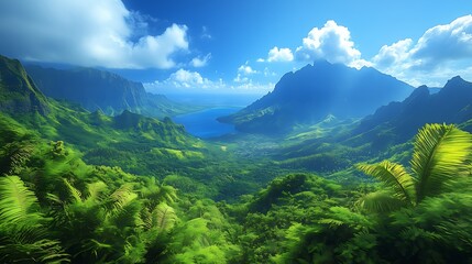 Obraz premium Breathtaking Wide Landscape from High Angle - Lush Green Mountains Surrounding Bay, Tropical Vegetation, Waterfront Town, Blue Sky, Natural Beauty, Tranquil Scene Material