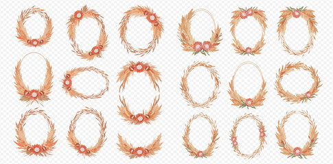 A collection of bohemian watercolor wreaths and frames made from dried pampas grass and flowers.