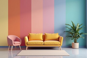 Colorful living room with a yellow couch and pink armchair.
