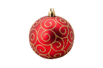 Red christmas ornament with gold swirls isolated on transparent background