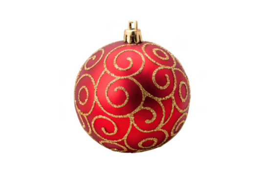 Red christmas ornament with gold swirls isolated on transparent background