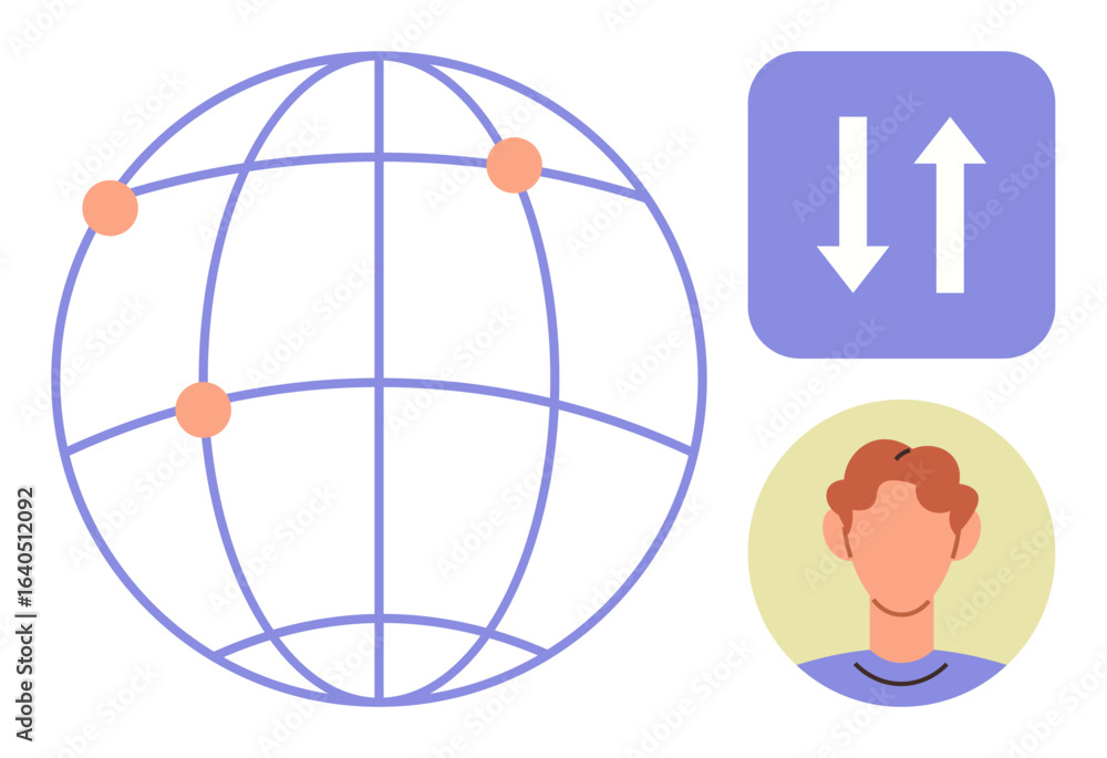 Poster globe with connection points, user profile avatar, up and down arrows indicating data transfer. idea
