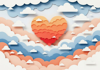 Paper cut heart floating among dreamy clouds