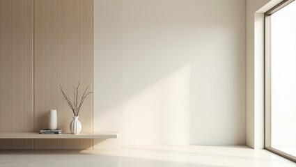 Empty room with light beige wooden paneling and white walls.