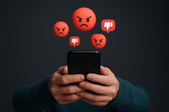 Upset Man Checking Phone with Angry Emojis Floating Above - Social Media Negativity Concept