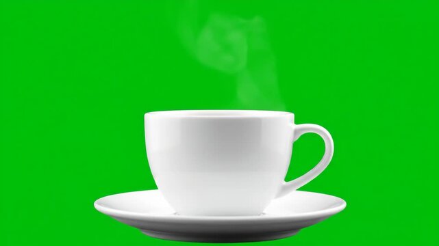 Steaming Coffee Cup on Green Screen - A white coffee cup with steam rising from it sits on a matching saucer against a bright green screen background.