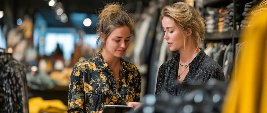 A retail sales assistant helps a customer who is a lady shopping in a contemporary apparel store.
