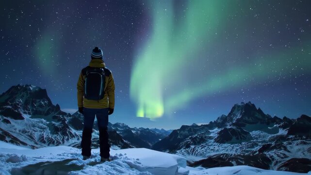 Realistic Aurora Borealis Animation with Tourist on Mountain &ndash; Time Lapse Night Sky
