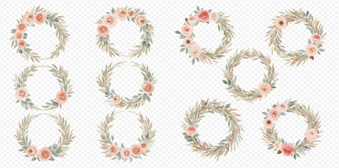 A beautiful collection of ten watercolor wreaths featuring pink roses, sage green leaves, and dried pampas grass.
