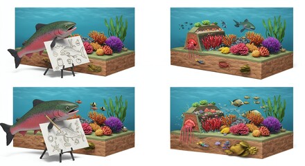Salmon studying underwater ecosystem stages