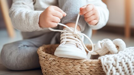 Child tying shoelaces in a basket.