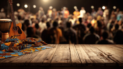 Felabration, bold African prints and music instruments arranged on wooden table, blurred dancing crowd in the background