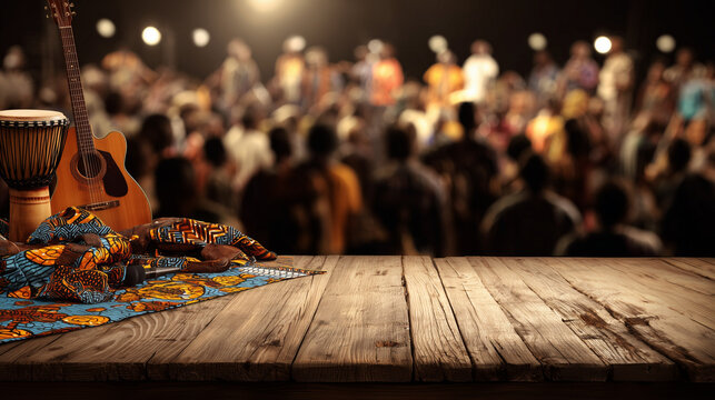 Felabration, bold African prints and music instruments arranged on wooden table, blurred dancing crowd in the background