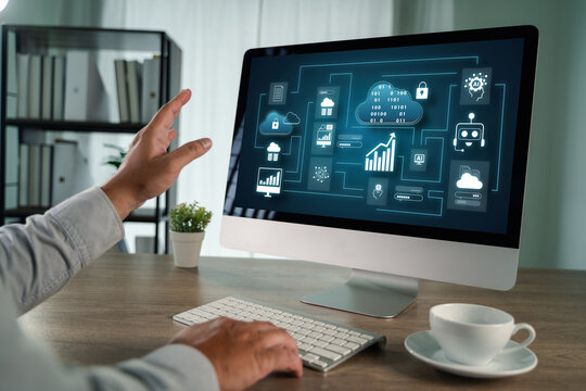 Detailed user flowchart and data analytics interface displayed on a modern computer screen, representing cloud computing, AI integration, and business process visualization in a digital workspace.