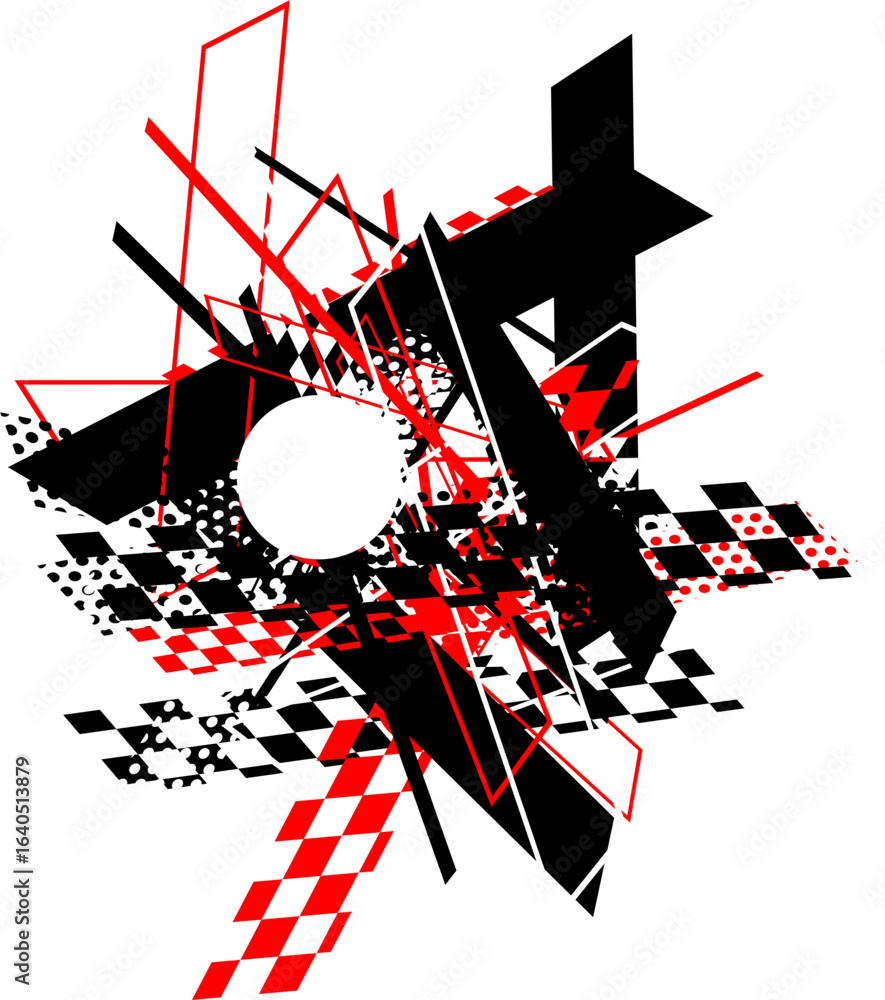 Poster angular abstraction with red lines, black shapes, and checkered patterns