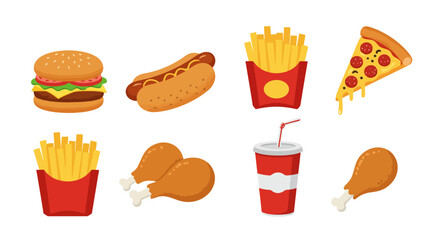 Cartoon Fast Food Icons: Burger, Fries, Pizza, and More