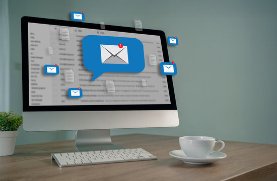 mail Digital communication and email notifications displayed on a modern computer screen, showing new messages in an office workspace for business, marketing, and online correspondence.