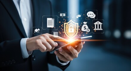 Businessman using mobile phone with data protection shield and finance icons symbolizing cyber security