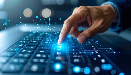 Close-up of a hand interacting with a glowing laptop keyboard, digital network connections visualized