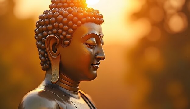 Golden Buddha Statue Side View with Sunset Light - Powered by Adobe
