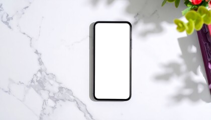 Smartphone on marble surface with floral accents