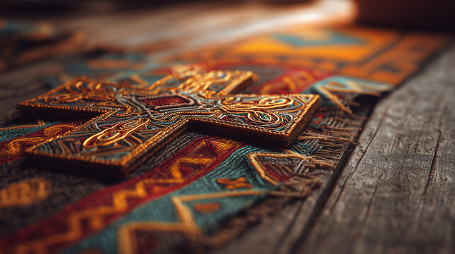 Meskel Festival (Timkat Gregorian), close-up of decorated Ethiopian cross on wooden background