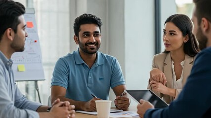 Diverse group of professionals engaged in a lively discussion during a business meeting, collaborating on a project at a table in a modern office