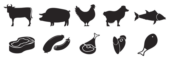 Bundle set pictogram icon of meats and animals, cow, pig, chickem, lamb, fish
