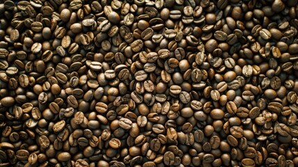 Fototapeta premium Roasted coffee beans, close-up, sunlit texture, background blur, food packaging