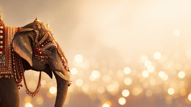 Mysore Dasara, wide banner with decorated elephant in profile, soft background lights, empty space for festival text