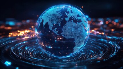 Glowing digital globe rotating in futuristic environment at night