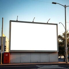 Blank billboard on city street with streetlight and traffic signal