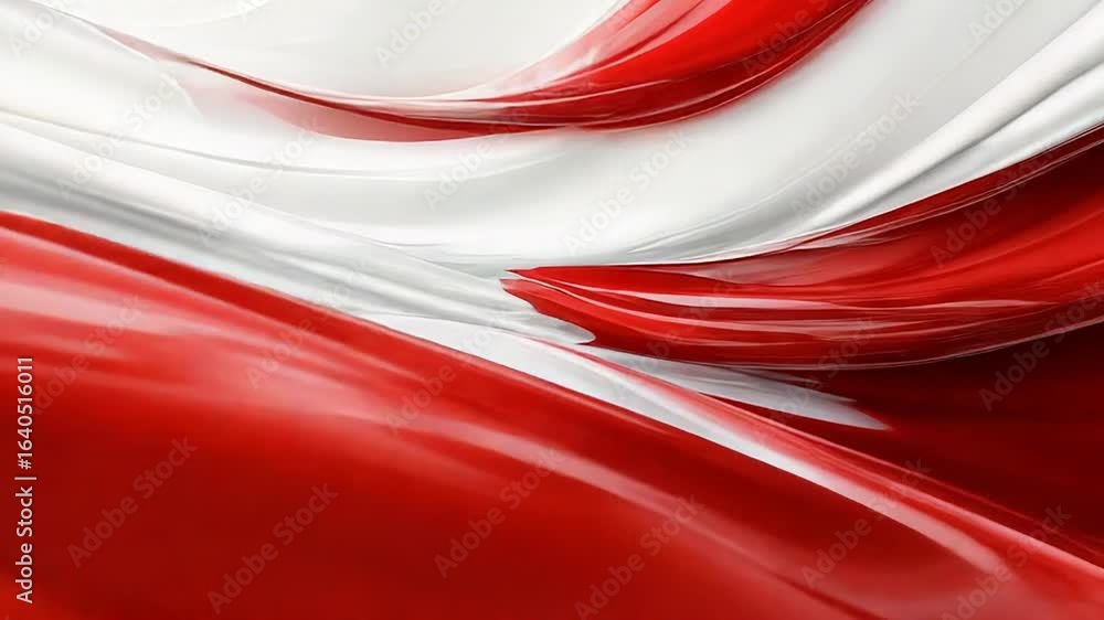 Poster red and white paint mixing with bubbles floating in a swirling pattern