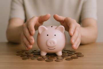 Protecting Savings: Hands Shielding Piggy Bank on Coins, Financial Security and Future Investments