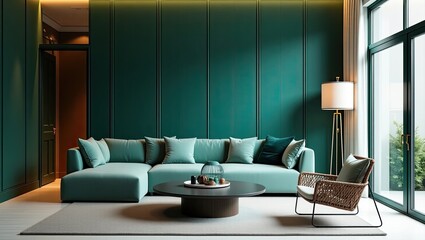 Obraz premium Teal living room with modern furnishings.