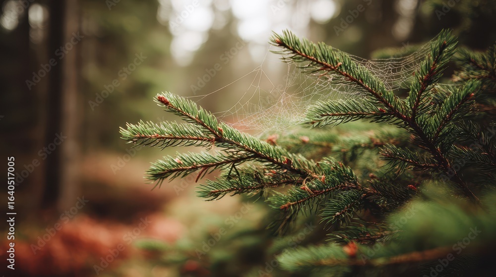 Poster close-up of a pine branch with a delicate spiderweb.