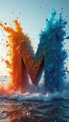 Letter M splashed with orange and blue paint emerging from ocean