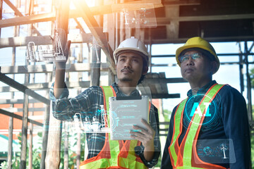Two engineer using AI technology planning for setting energy systems in industrial factories to...