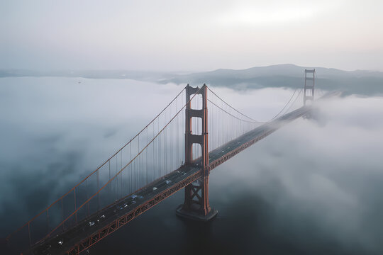 A suspension bridge covered in morning mist