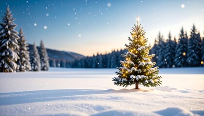 Naklejka premium A snow-covered field with a lit Christmas tree at sunrise